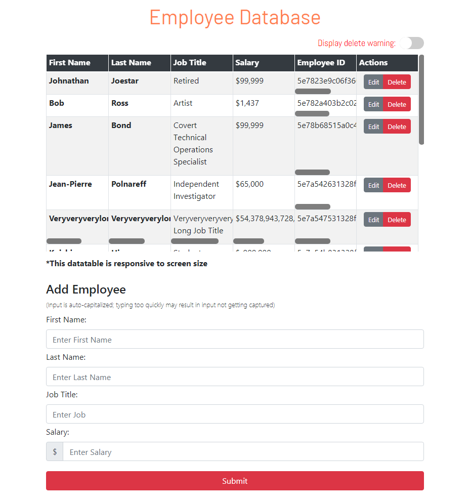 Screenshot of Employee Database CRUD Application